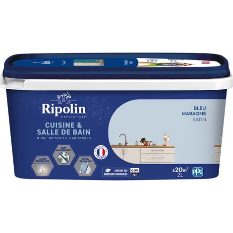 Peinture Murale spéciale Cuisine et Bain - Satin - 2L - Bleu Maraone - Ripolin (1/5)
