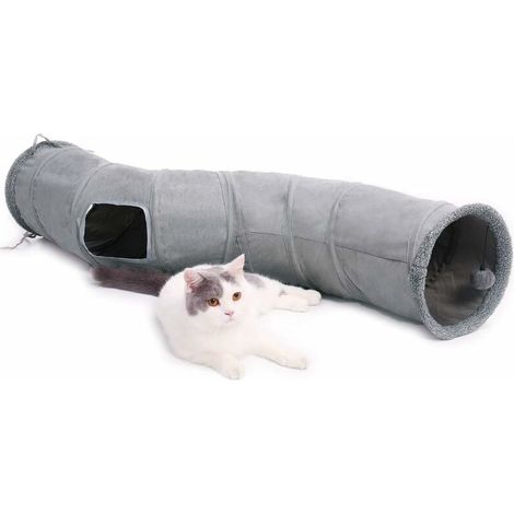 S Shape Suede Cat Tunnel Toy, Large Collapsible Cat Tunnel with 2 Holes and Hanging Ball for Cats Kittens Rabbits Dia27×117cm (1/5)