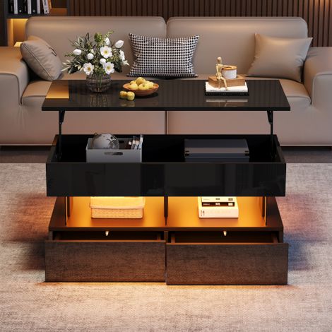 Table basse/canapé réglable en hauteur 100 x 50 x 46 cm avec plateau réglable en hauteur, espace de rangement caché, table d'appoint brillante avec lumière LED, 2 tiroirs, noir, MDF + acrylique. (1/5)