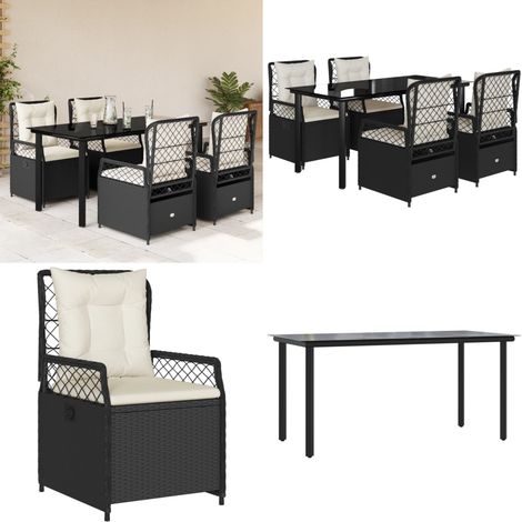 5-tlg. Garten-Essgruppe mit Kissen Schwarz Poly Rattan - Gartenstuhl - Gartentisch (1/5)