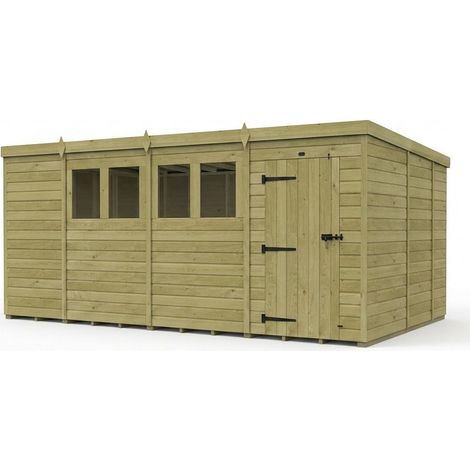 15ft x 9ft Pent Garden Shed Single Door With Windows - Pressure Treated Timber - L457 x W274 x H210 cm - Natural