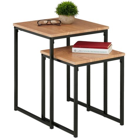 Relaxdays Tavolini da Salotto, Tavolo Basso da Caffè Divano, Metallo e MDF, 2 Misure Impilabili, Marrone Chiaro Nero