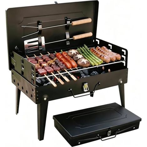 Barbecue à charbon pliable au format valise, petit barbecue de table portable avec grille et accessoires, barbecue compact en acier inoxydable pour la maison, le camping et les pique-niques (1/4)