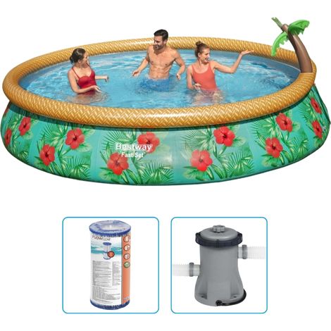 Piscine gonflable Bestway Fast Set - 457 x 84 cm - Imprimé paradisiaque - Ronde - Avec pompe filtrante (1/5)