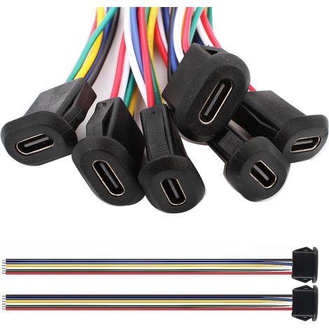 Connettore femmina USB-C a 6 pezzi per saldatura, connettore femmina USB-C a 6 fili per pannello con anello a scatto, 150 mm 24 AWG, nero (1/5)