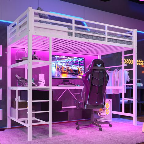 Letto a Soppalco 90 × 200 cm con LED, Scrivania, USB, 3 Cassetti e Ripiani, senza Materasso, Bianco