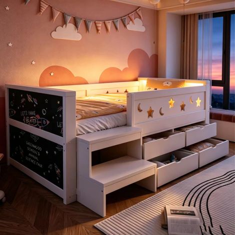 Letto per bambini 90x200 cm bianco in legno con cassetti, lavagna, scaletta e luce LED (1/5)