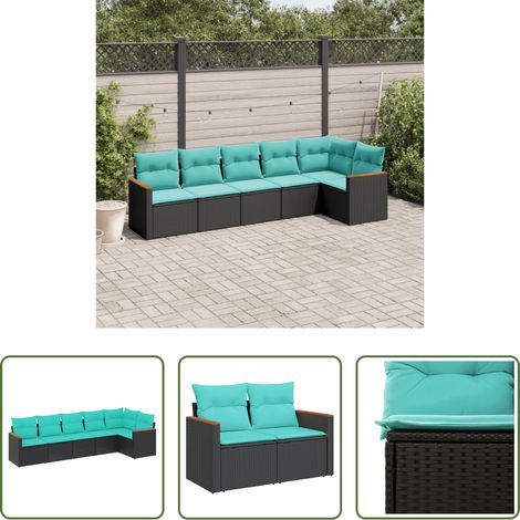 Terrassensofa - 6-teiliges Gartensofa-Set mit Kissen, schwarzes Polyrattan (1/5)