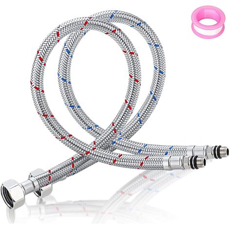 Lot de 2 tuyaux blindés 3/8", Tuyaux de Raccordement Flexibles Robinets 80 cm, tuyau flexible G3/8 x M10, raccord de tuyau de raccordement en acier inoxydable tressé avec ruban d'étanchéité (1/5)