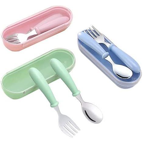 3 ensembles de mini fourchettes et cuillères pour tout-petits, rose + vert + bleu-