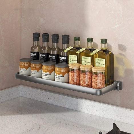 Küchenregal, Gewürzaufbewahrung, klappbar, 41×15×6,5 cm – Küchenaufbewahrung ohne Bohren, für Gewürze, multifunktional – Grau