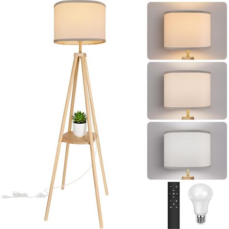 Lampadaire de salon avec étagère Lampadaire à intensité variable 2700K-6500K Structure en bois avec tablette et télécommande Lampe pour salon, chambre à coucher, bureau Bois (1/5)
