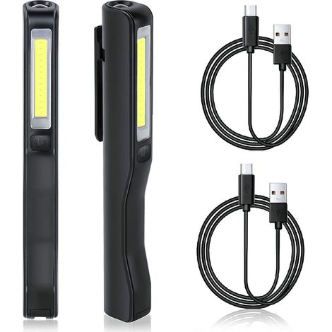 royaluxe - Lampe de Travail LED Rechargeable, 2 PCS 350 Lumens Lampe Mecanicien COB Lampe de Poche Ultra Puissante, Lampe Inspection pour Auto Garage Atelier Bricolage Camping USB Cable + Clip(Black) (1/5)