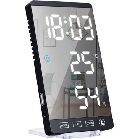 Horloge miroir LED - - Thermomètre et hygromètre - Réveil électronique - Design contemporain - Noir (1/5)