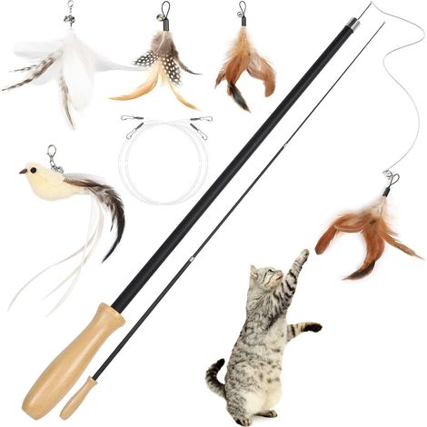 Jouet Chat, 5 Pièces Jouet Chat Interactif Intérieur,Jouet Chaton avec 1 Oiseaux et 3 Plumes de Remplacement avec Cloche,Canne à Pêche Rétractable avec Poignée en Bois pour Chats et Chatons (1/5)