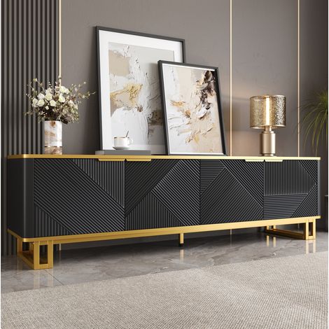 Meuble TV 160 cm avec portes, rangement ouvert et passe-câbles, noir, pour appartement et hôtel (1/5)