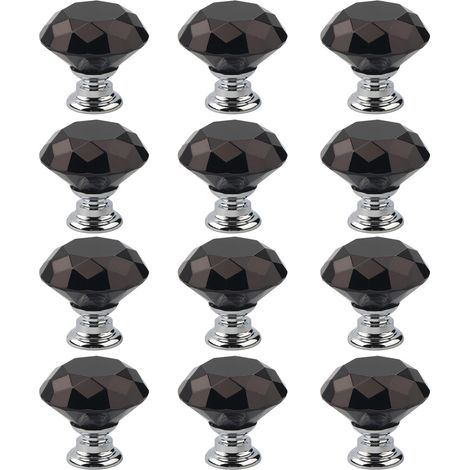 Crystal Cabinet Handle - 30 mm Diamond Shape - For Kitchen Cabinet Drawer Wardrobe - Black - 12 Pieces (1/5)