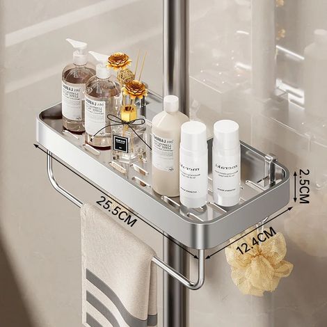 (Argenté avec barre) Étagère de rangement pour salle de bain, barre de douche effet pluie, organisateur sans perçage, porte-gel douche et shampoing. Organisateur de gel douche et shampoing. (1/5)