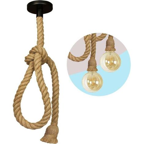 Plafonnier Corde 150cm Textile, Plafonnier Rétro Rural Douille pour Ampoule E27, Fabriqué en Chanvre, Décoration Maison, Boutique, Bar, Restaurant, Hôtel.
