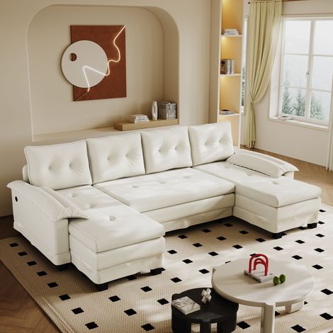 Canapé d'angle convertible en lit, sofa modulaire 278 cm avec fonction charge USB, accoudoirs amovibles, design moderne pour salon, très grand, blanc crème (1/5)