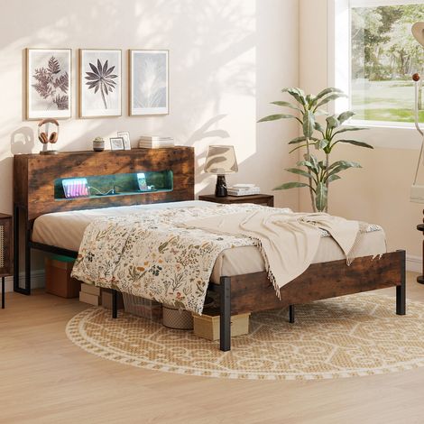 Cadre de lit avec lumières LED, lit plateforme industriel avec tête de lit de rangement, 200 x 140 cm - marron rustique (1/5)