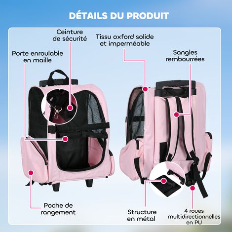 Sac de transport à roulettes pour chien 2 en 1 trolley chariot poignée téléscopique, sacs rangement 42 x 25 x 55 cm rose (1/5)