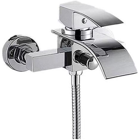 Waterfall bath/shower faucet, single-lever mixer made of brass with push button for bath and shower, easy-to-install bathroom faucet, silver-colored