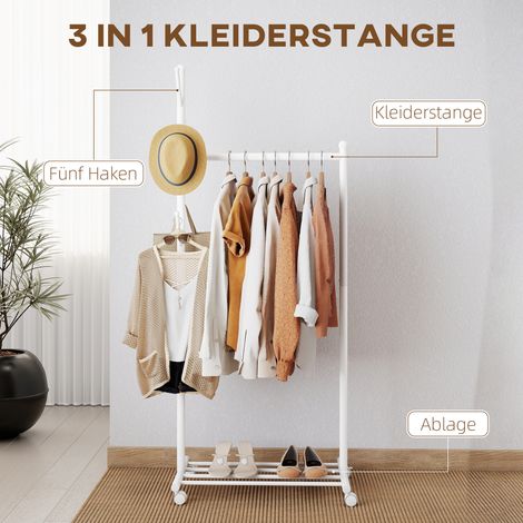 Portant vêtements roulant, penderie mobile avec barre, 5 patères, étagère chaussures, blanc (1/4)