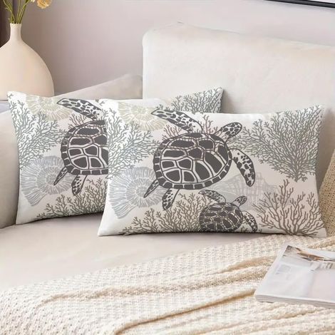 Housse de Coussin 30 x 50 Taie d'oreiller Lot de 2 Tortue Hippocampe Housse Coussin en Polyester Exterieur Impermeable Coussin Decoratif Canape Carre pour Patio Lit Voiture (Beige) (1/5)