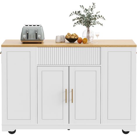Îlot de cuisine à roulettes 120x50x92 cm - Avec compartiment pour poubelle, 2 portes et 3 tiroirs - Sans poubelle - Idéal comme îlot de cuisine mobile, desserte ou buffet (1/5)