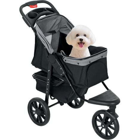 Carrito para perros plegable con 3 ruedas ventanas de malla cesta de almacenaje y correas de seguridad 109,5x57,5x106,5 cm gris (1/5)