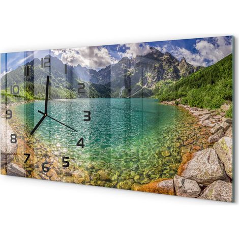 Horloge Murale Bureau 60x30 cm Verre Trempé Silencieuse Moderne Lac dans les montagnes (1/5)