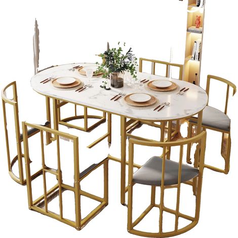 Juego de mesa de comedor, estructura metálica, diseño minimalista, color dorado. (1/2)