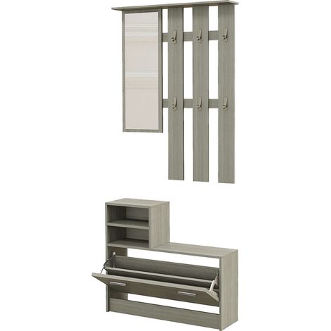 Mobili da ingresso con appendiabiti, specchio, panca, scaffale e scarpiera per 8 paia, grigio