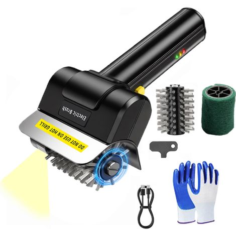 Cepillo eléctrico inalámbrico para parrilla, cepillo de limpieza con rodillo de acero inoxidable, 2000 mAh, recargable, para uso en exteriores, con guantes, luz incorporada, 1 cepillo de acero y 1 cab (1/5)