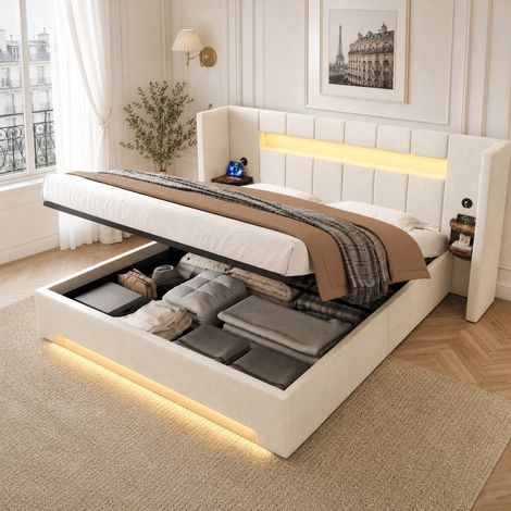 Beiges Samt-Polsterbett 180x200 cm mit breitem Kopfteil, LED, USB und Stauraum (1/5)