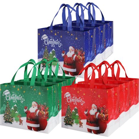 Lot de 9 grands Sacs Cadeaux de Noel Sacs Fourre-Tout de Noel Reutilisables avec Poignee pour Cadeaux, Shopping, Articles de Fete 3 Couleurs 12.8 x 9.8 x 6.7 pouces (1/5)