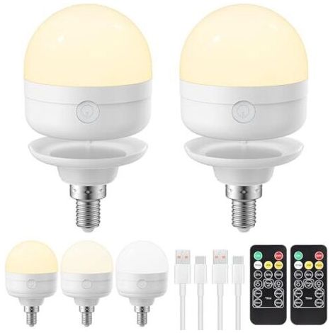 Ampoule rechargeable USB-C avec télécommande, 3 couleurs, culot E14, intensité variable, alimentée par piles, 6 W, fonction minuterie, lampe de secours magnétique, lot de 2 [Classe énergétique E]