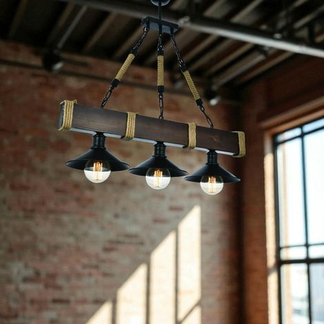 Pier Import – Suspension industrielle en bois de charme – 3 lampes E27 – Longueur 70 cm, Largeur 20 cm, Hauteur 75 cm – Indice de protection IP21 (1/4)