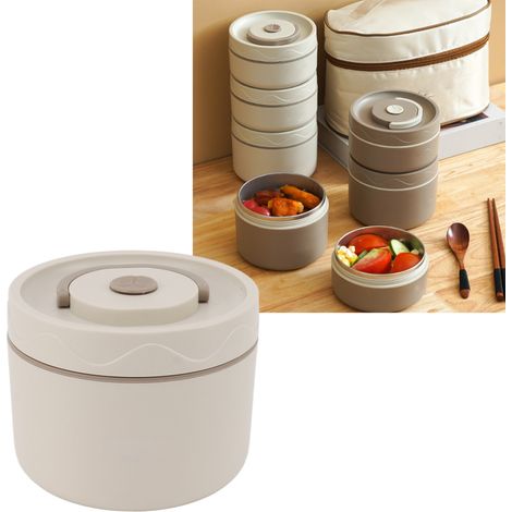 Bote à lunch Bento isotherme en acier inoxydable 550 ml, empilable, à 2 étages, ronde, étanche, compatible micro-ondes, blanc crème (1/5)
