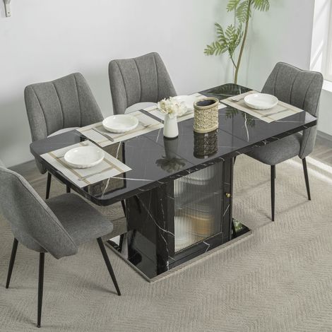 Table à manger extensible 120-160 x 80 cm avec meuble de rangement intégré, plateau MDF effet marbre noir, porte vitrée et base métal (1/5)