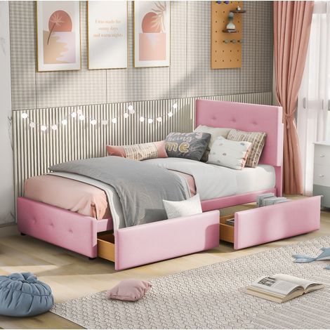 letto contenitore 90x200 velluto rosa cassetto extra HAVRYA (1/5)