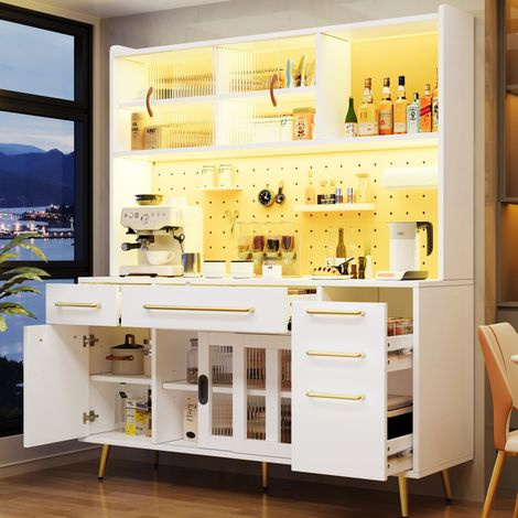 Hoher Küchenschrank 145×39×171 cm aus MDF, Glas und Metall, Weiß, mit LED – MEUBLIV (1/5)