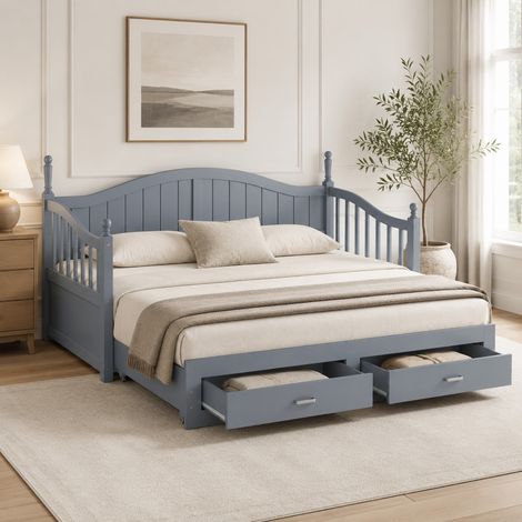 Divano letto 90x190 estensibile a 180x190, 2 cassetti, grigio, legno, senza materasso FloraGrace (1/5)