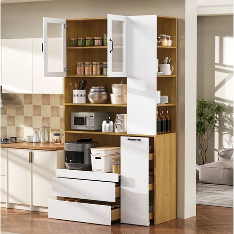 FLORAGRACE Highboard buffet 100 x 40 x 200 cm en MDF blanc avec étagères réglables, tiroirs, portes en verre strié, rangement cuisine, salle à manger (1/5)