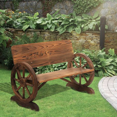 Banette jardin 2 places bois massif avec accoudoirs, banc style roues de charrette, 250kg, 114 x 58 x 80cm (1/5)