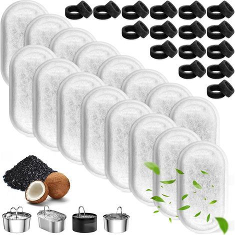 32 Pcs Filtres Fontaine Eau Chat, Sets 16 Filtre Charbon & 16 Eponge Mousse, Accessoire Remplacement Filtration Animaux Compagnie pour 3,2L, 2L Acier Inoxydable Distributeur Eau Chats (1/5)