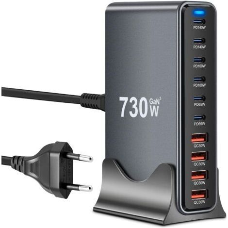 GaN III 730W USB-C-Ladegerät mit 10 Anschlüssen, GaN III USB-Schnellladegerät mit 6 USB-C- und 4 USB-A-Anschlüssen, Power Delivery, USB-C-Ladestation für MacBook Pro/Air, iPhone, iPad, Samsung Plus (1/5)