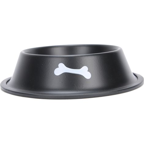 Bol en acier inoxydable pour animaux de compagnie, mangeoire pour chien et chat, plat antidérapant robuste avec imprimé mignon (noir) (1/5)