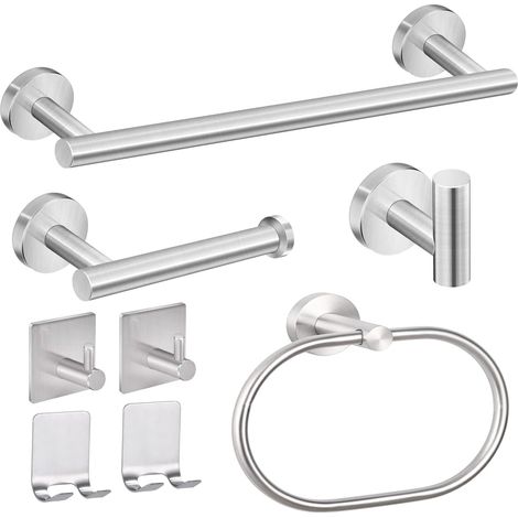 8 pièces Accessoires de Salle de Bain Ensemble Acier Inoxydable,Porte-Serviettes,Porte-Papier hygiénique,Anneau Porte-Serviettes,Crochet à Peignoir,Crochets adhésifs,Porte-Rasoir (Argent) (1/5)